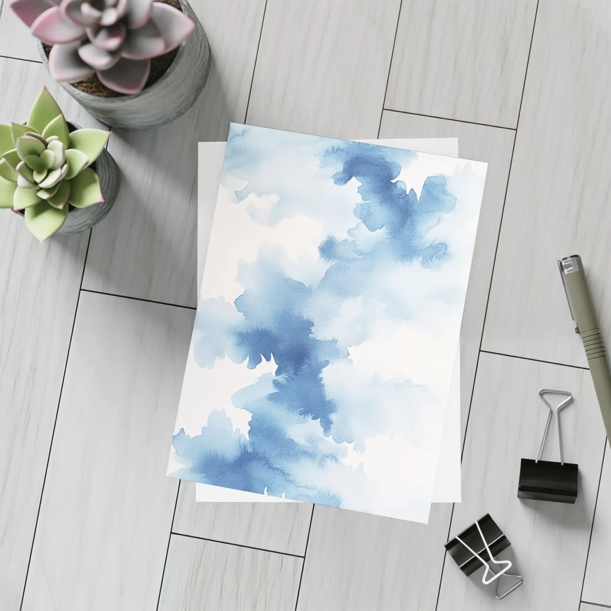 Blue Watercolor Abstract Clouds on White – Postcards
