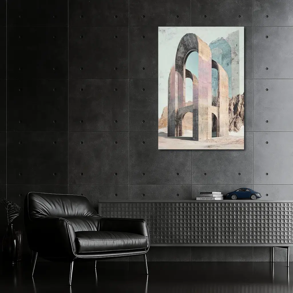 Ancient Stone Arches Desert Mountain Surreal Art – Wall Art