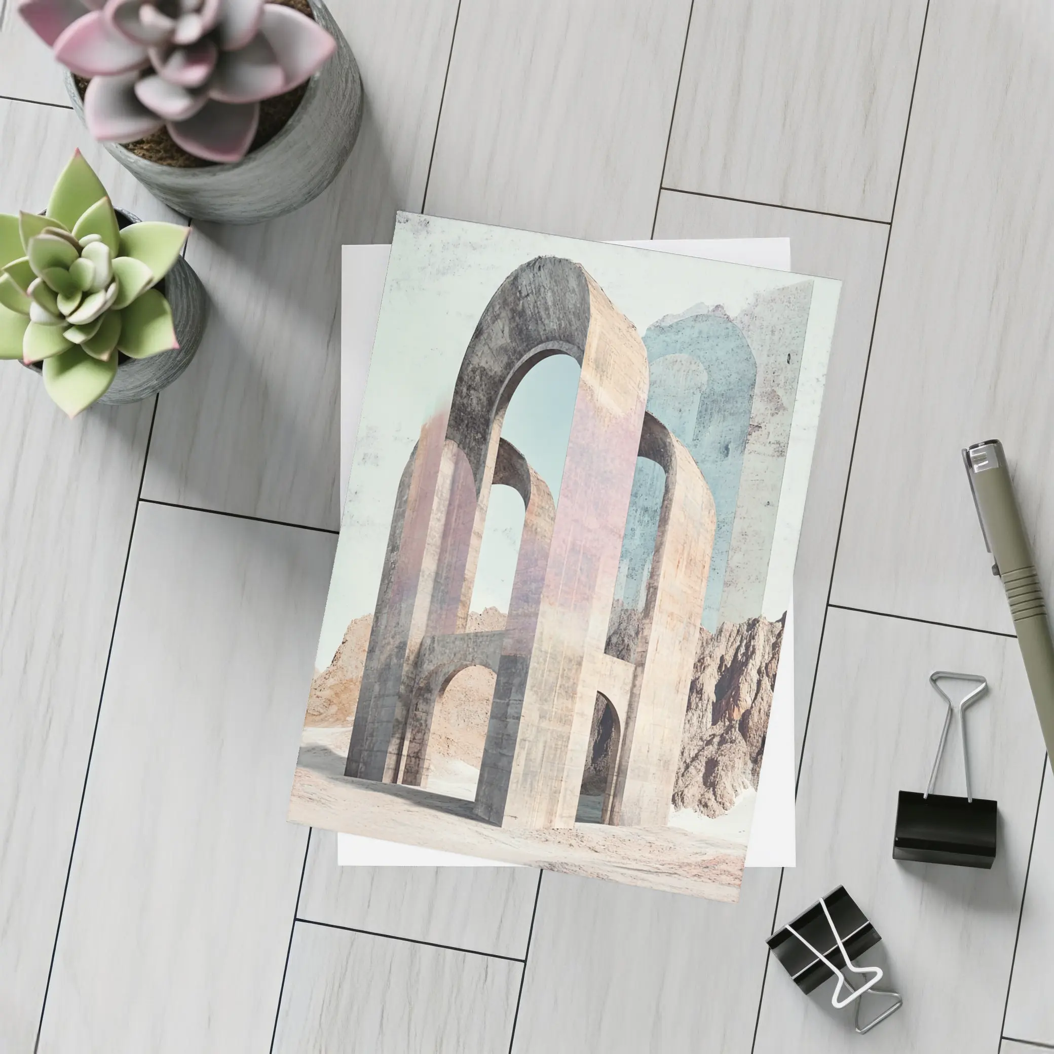 Ancient Stone Arches Desert Mountain Surreal Art – Postcards