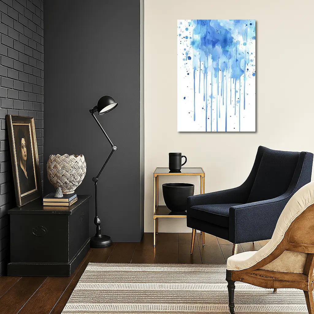 Blue Watercolor Paint Drips White Background – Wall Art