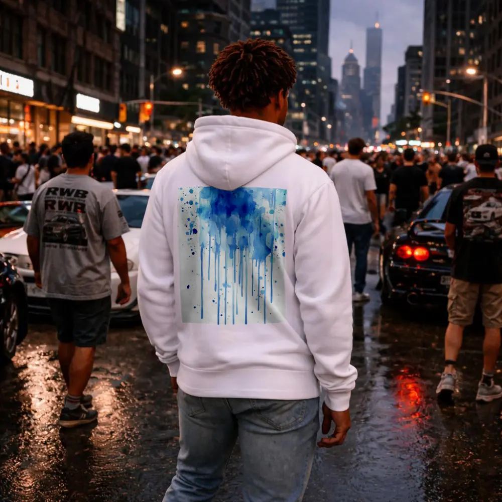 Blue Watercolor Paint Drips White Background – Hoodies