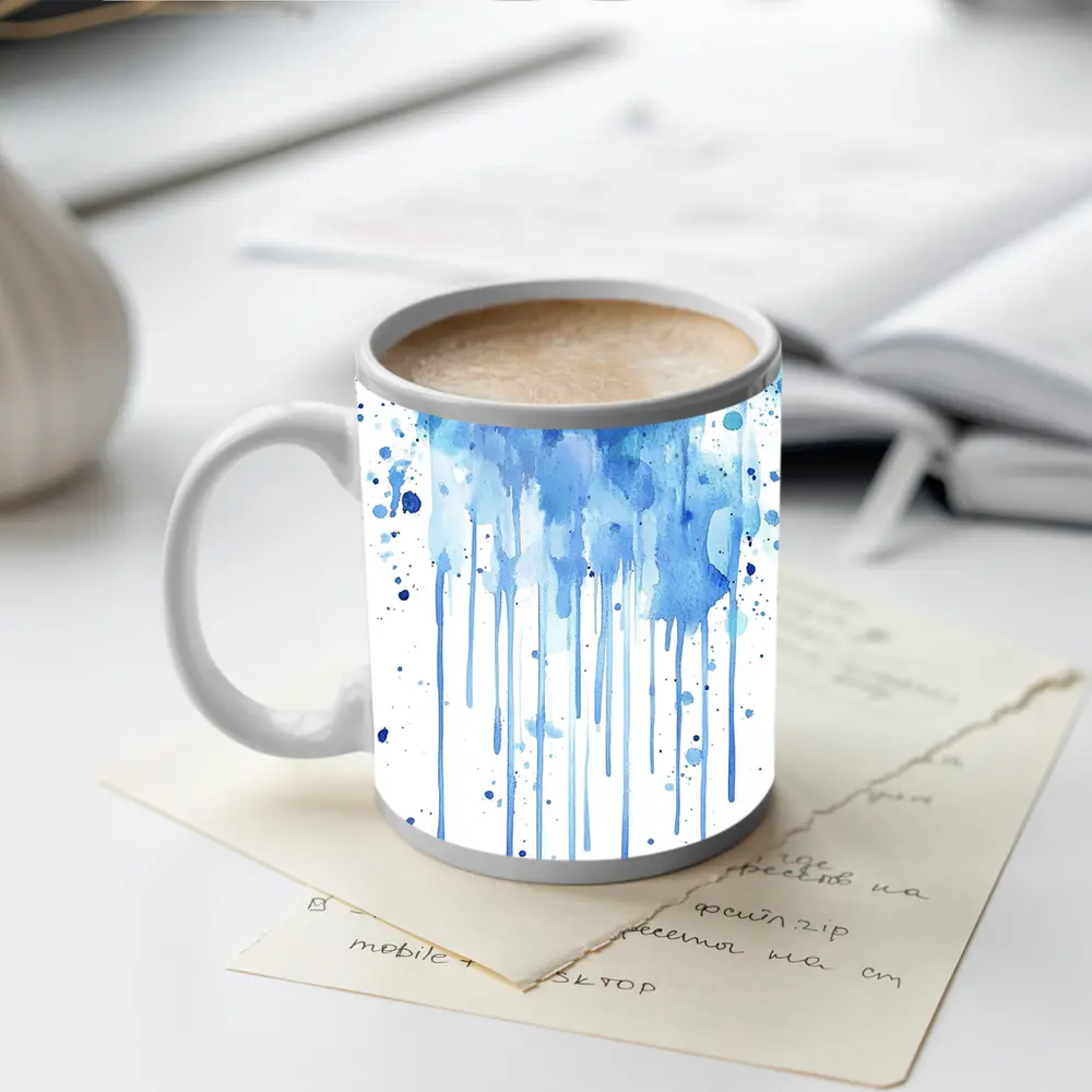 Blue Watercolor Paint Drips White Background – Mugs