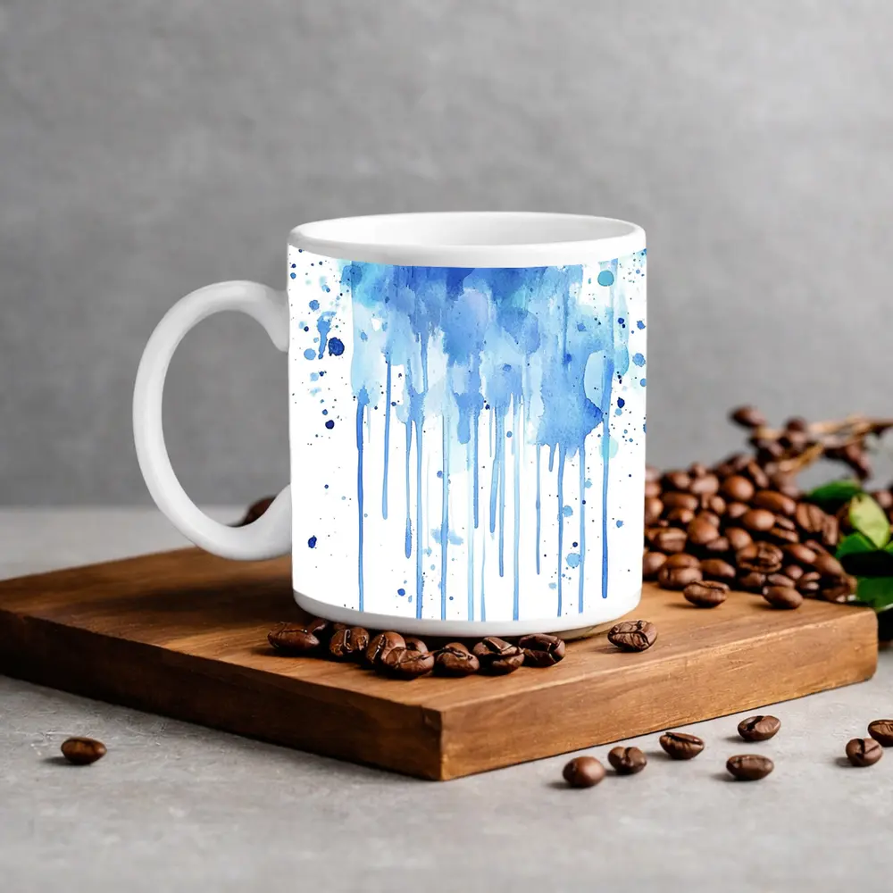 Blue Watercolor Paint Drips White Background – Mugs