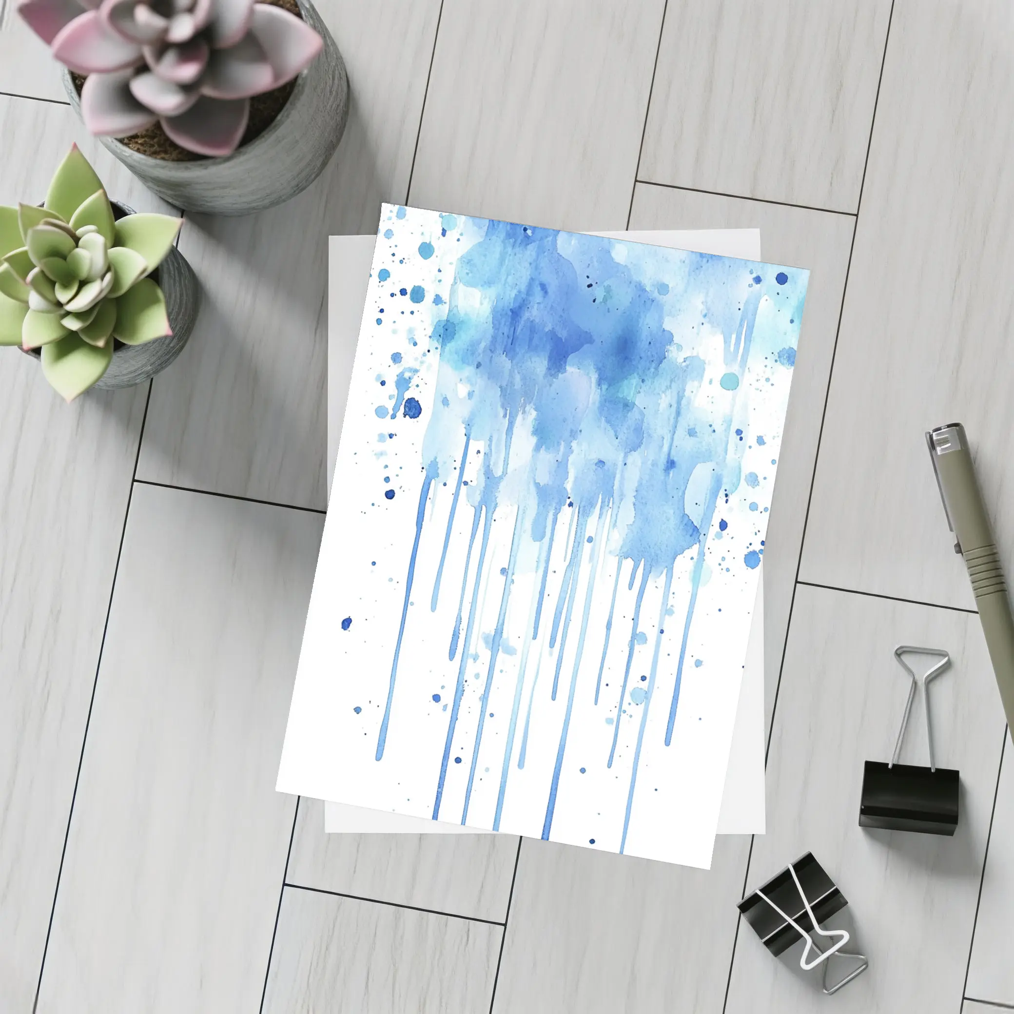 Blue Watercolor Paint Drips White Background – Postcards