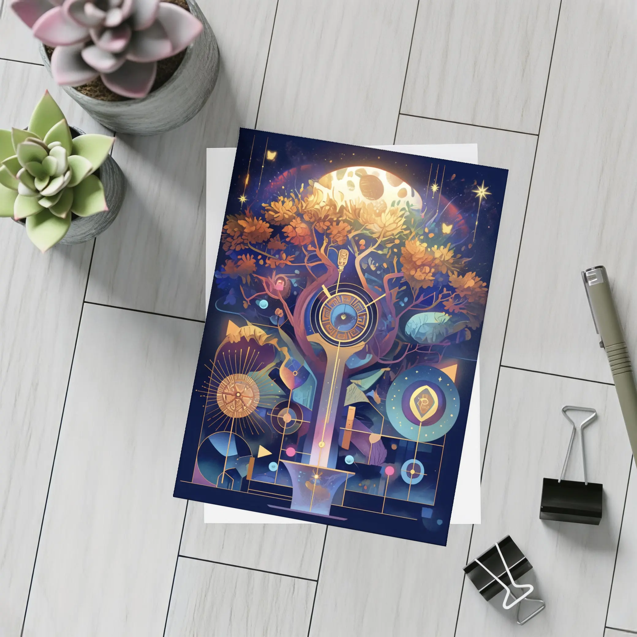 Mystical Tree Clock Moon Night Art – Postcards