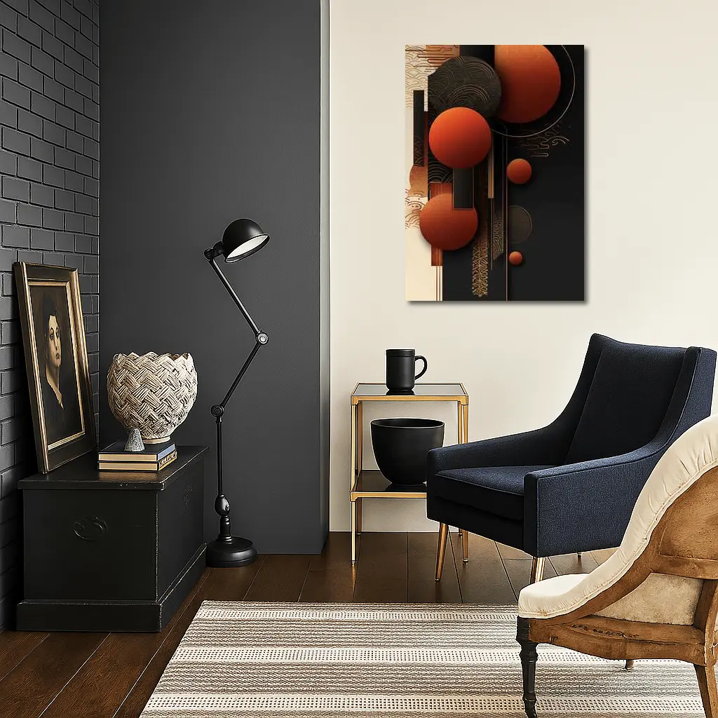 Abstract Red Spheres Black Gold Japanese Pattern – Wall Art
