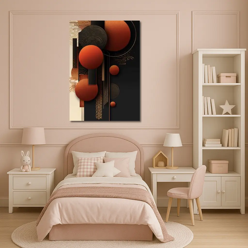 Abstract Red Spheres Black Gold Japanese Pattern – Wall Art