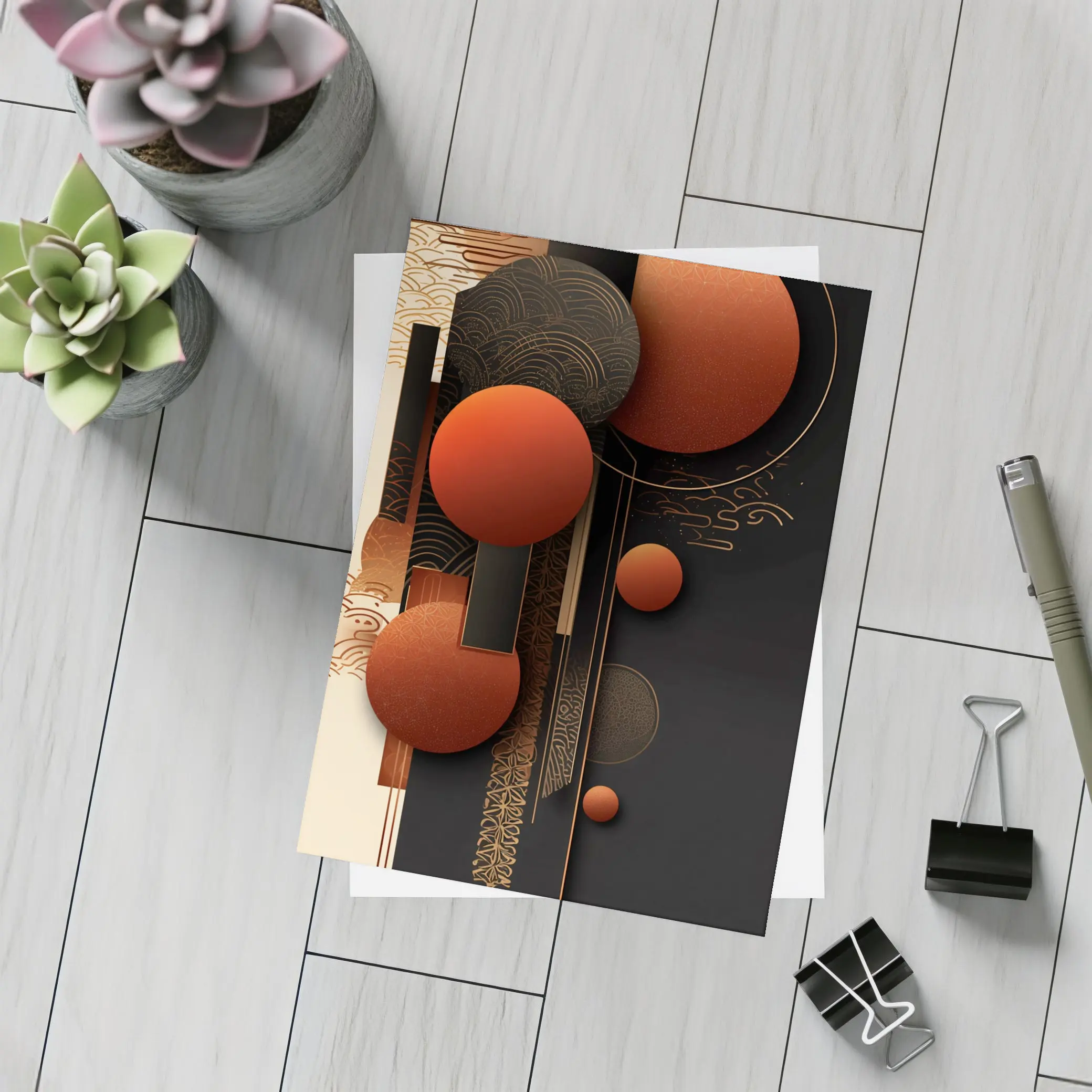 Abstract Red Spheres Black Gold Japanese Pattern – Postcards