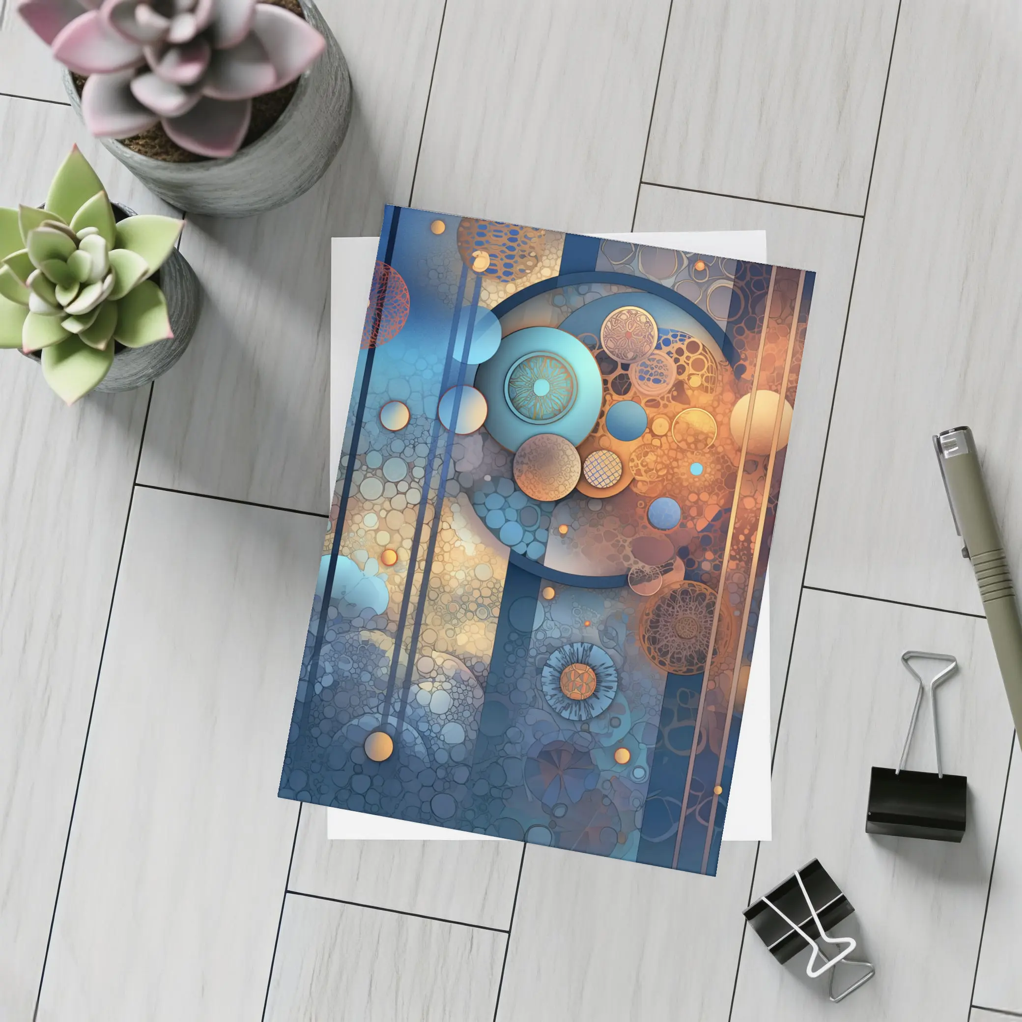 Abstract Blue Orange Circles Geometric Art – Postcards