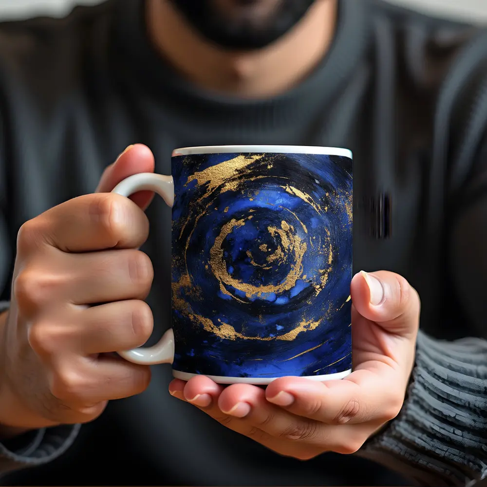 Dark Blue Gold Swirl Abstract Art – Mugs
