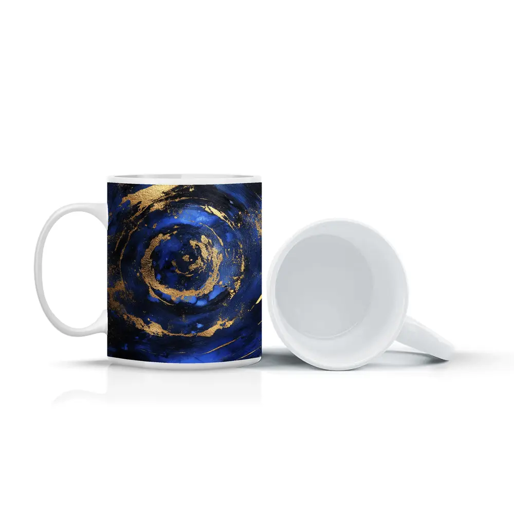 Dark Blue Gold Swirl Abstract Art – Mugs