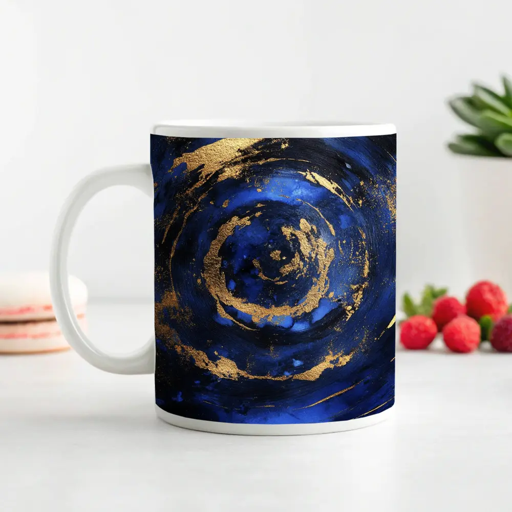 Dark Blue Gold Swirl Abstract Art – Mugs