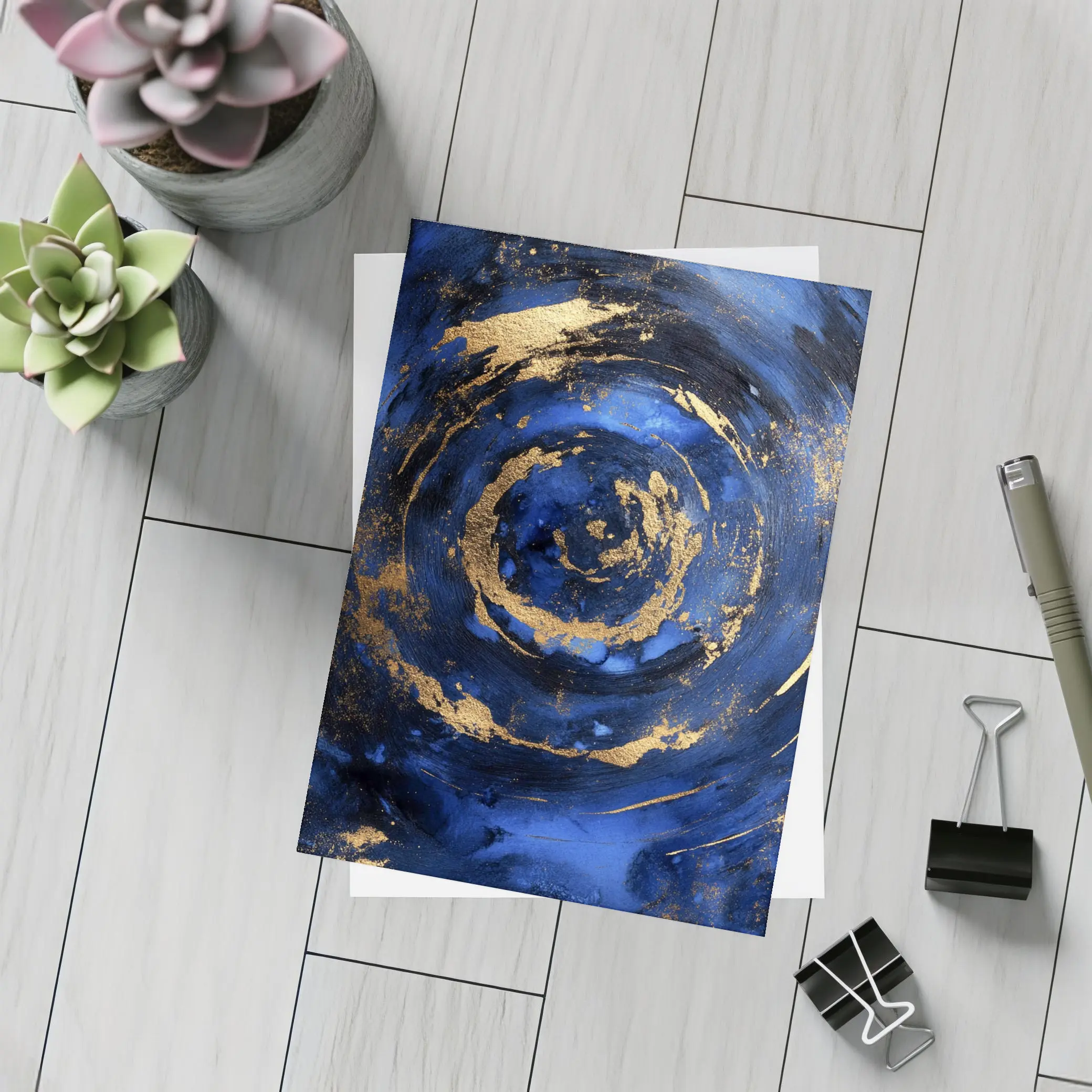Dark Blue Gold Swirl Abstract Art – Postcards