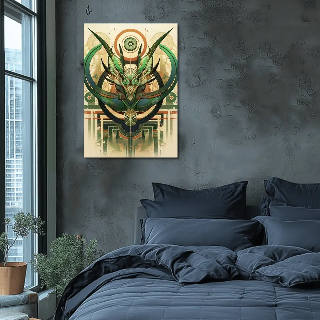Green Dragon Mask Art Deco Fantasy – Wall Art