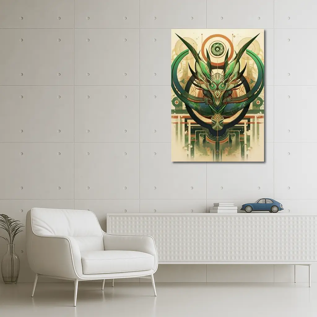 Green Dragon Mask Art Deco Fantasy – Wall Art