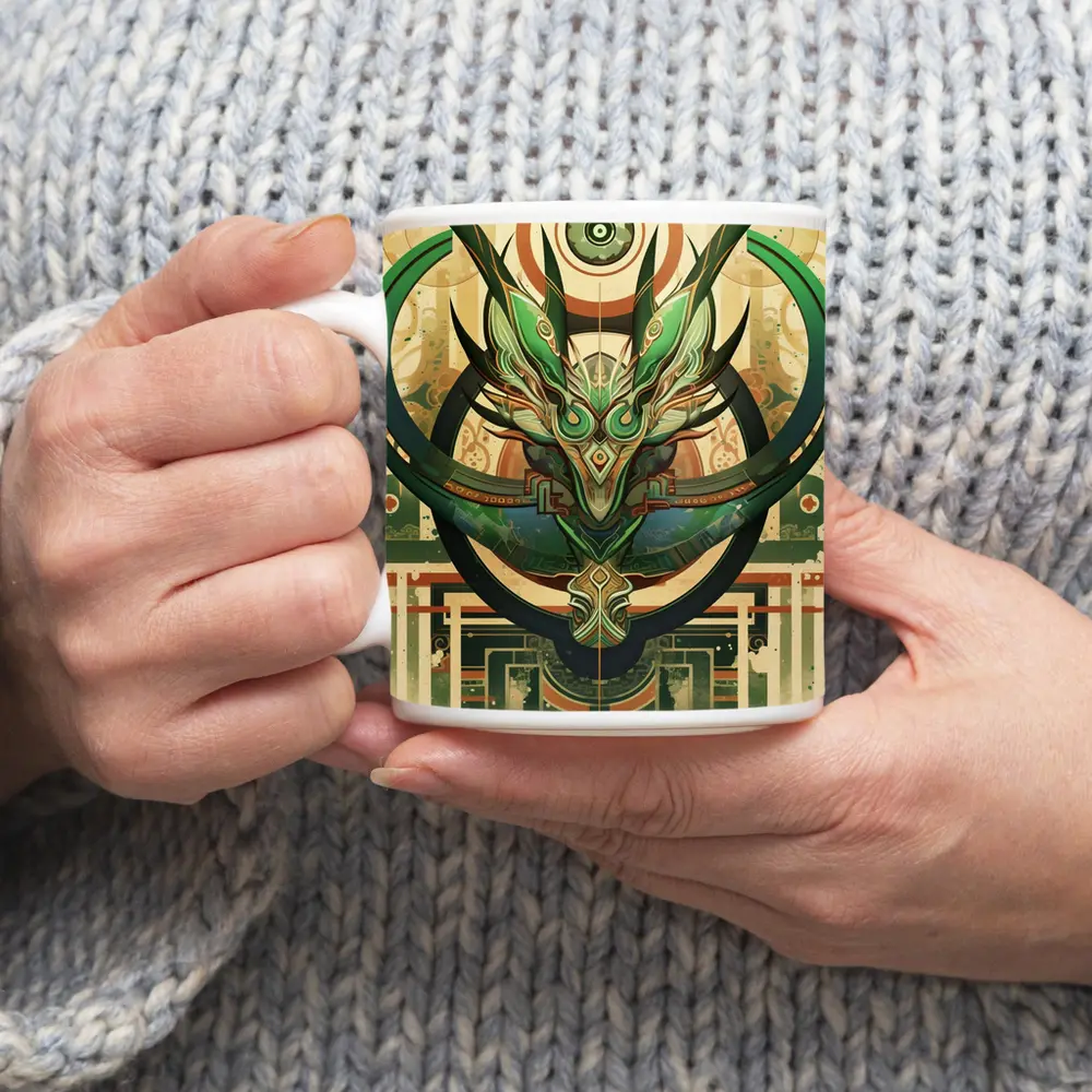 Green Dragon Mask Art Deco Fantasy – Mugs