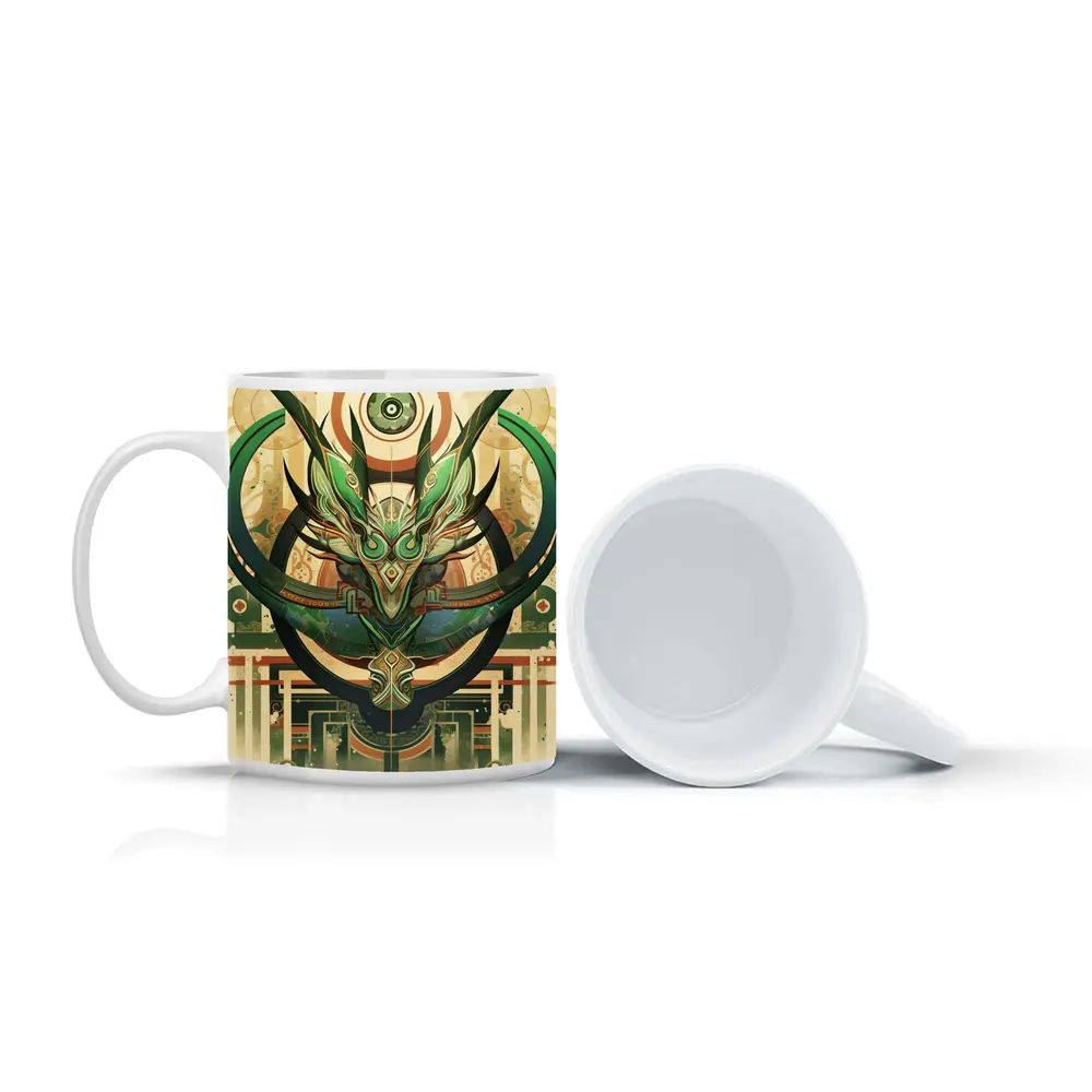 Green Dragon Mask Art Deco Fantasy – Mugs