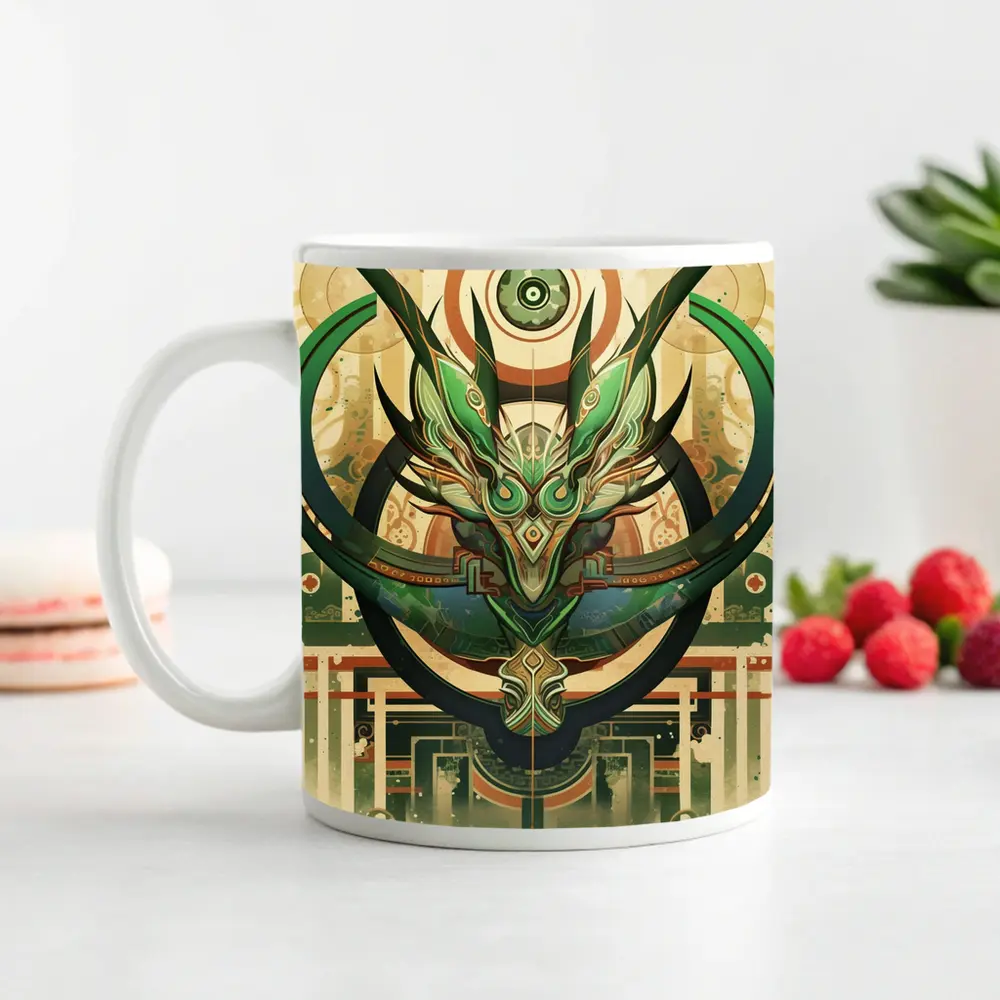 Green Dragon Mask Art Deco Fantasy – Mugs