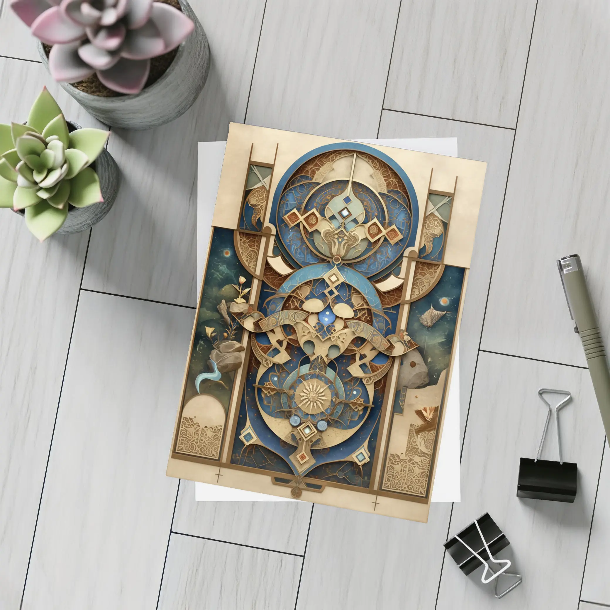 Art Nouveau Celestial Mandala Blue Gold – Postcards