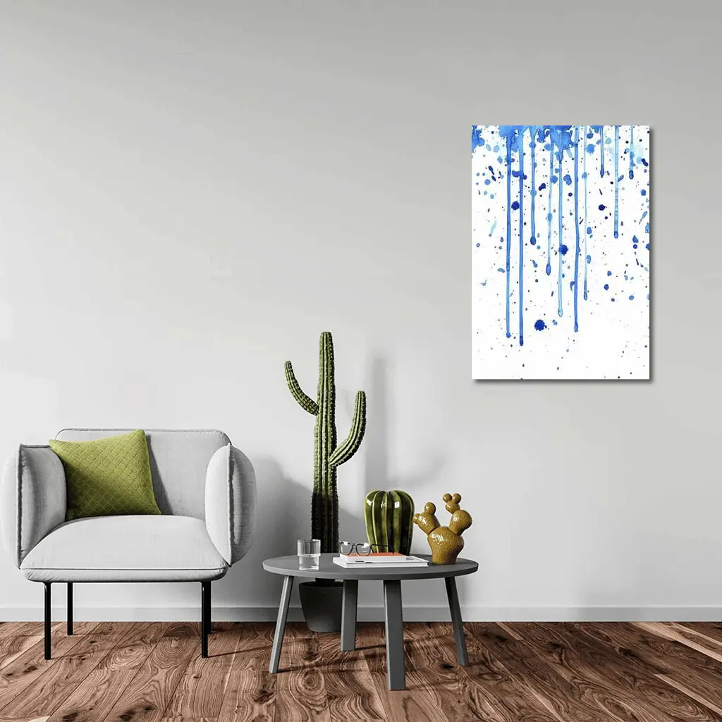 Blue Watercolor Drips Splatter White Background – Wall Art