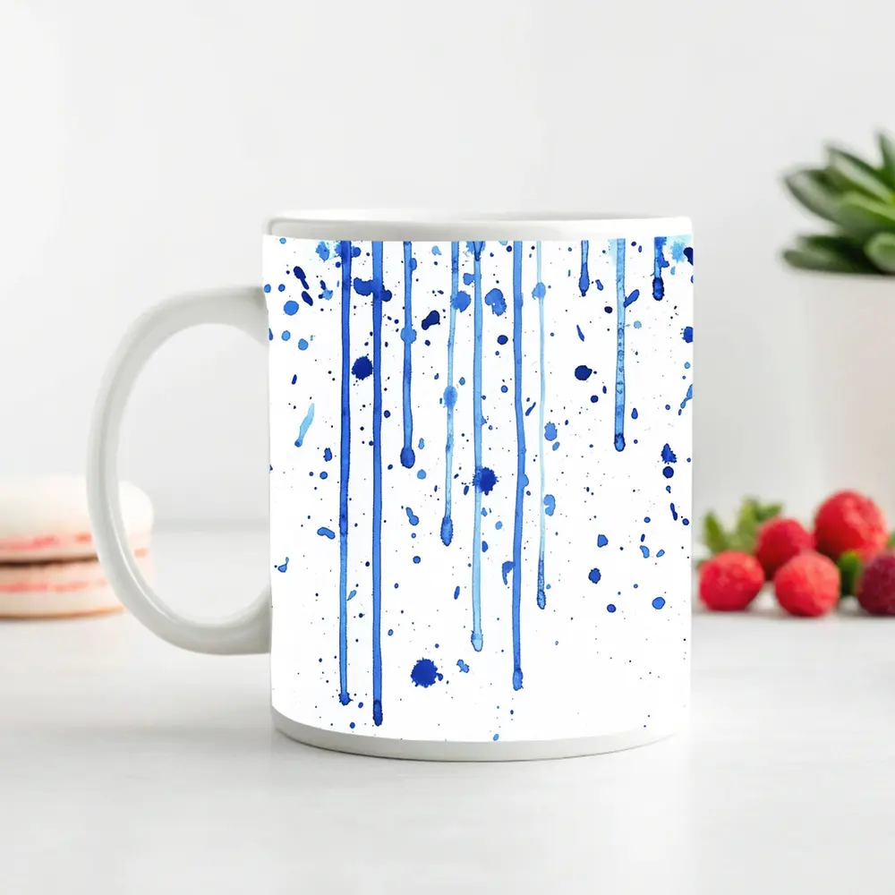 Blue Watercolor Drips Splatter White Background – Mugs