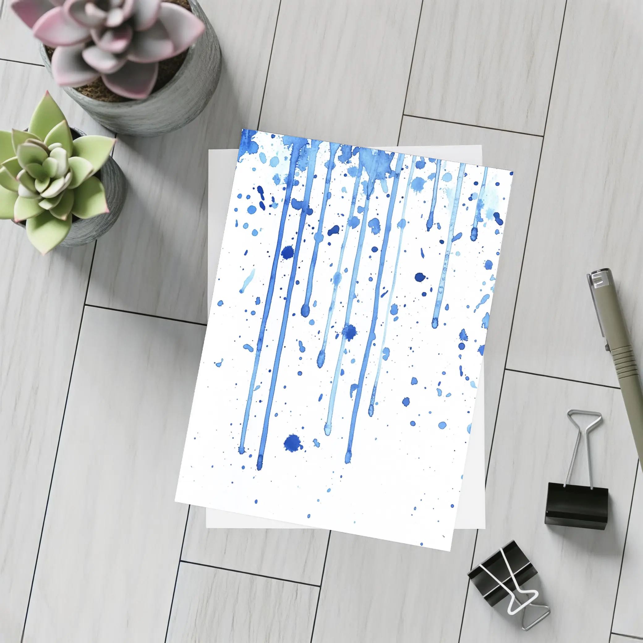 Blue Watercolor Drips Splatter White Background – Postcards