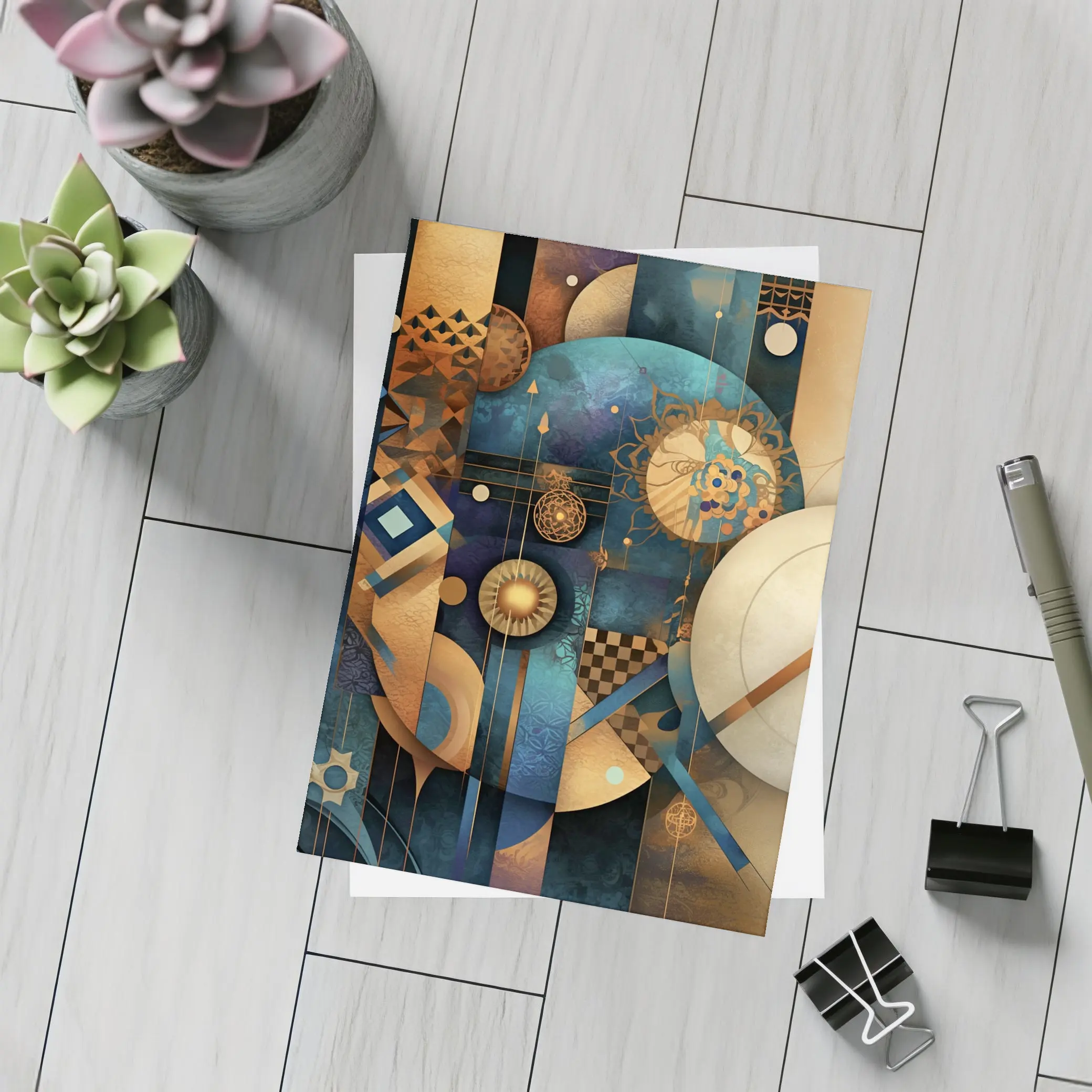 Abstract Gold Blue Geometric Cosmic Art – Postcards