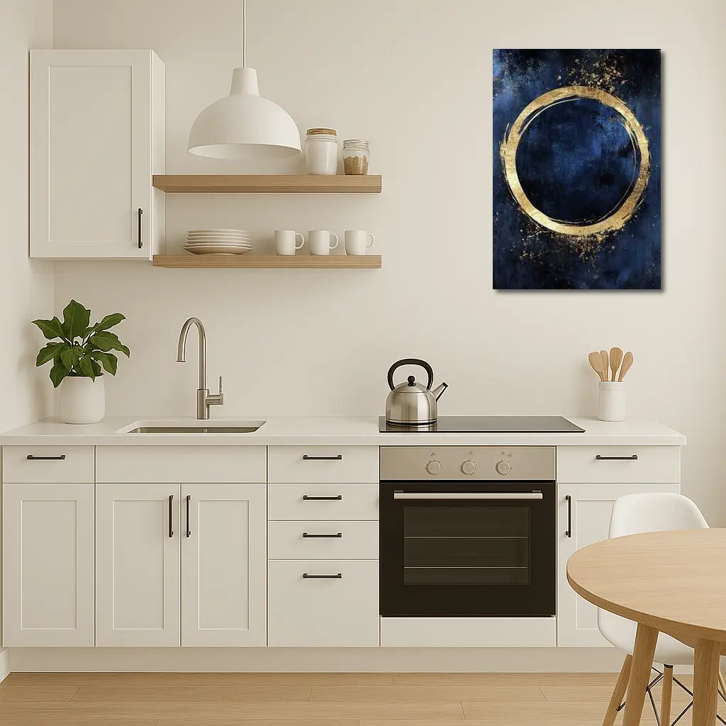 Gold Circle Brush Stroke Dark Blue Background – Wall Art