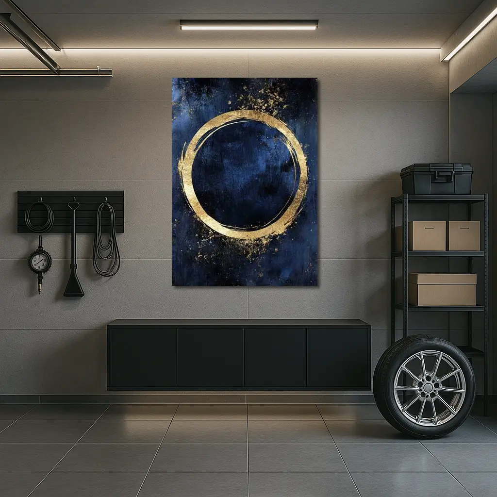 Gold Circle Brush Stroke Dark Blue Background – Wall Art