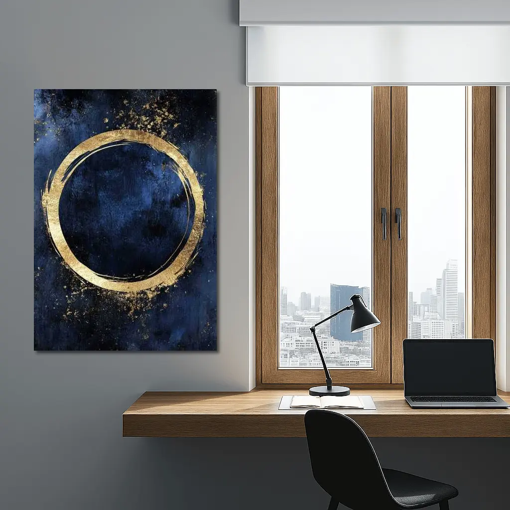 Gold Circle Brush Stroke Dark Blue Background – Wall Art