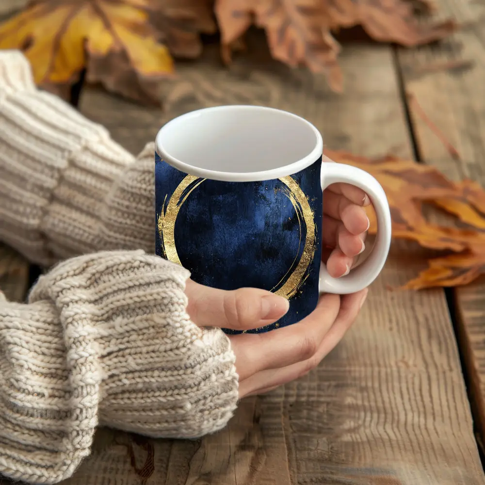 Gold Circle Brush Stroke Dark Blue Background – Mugs