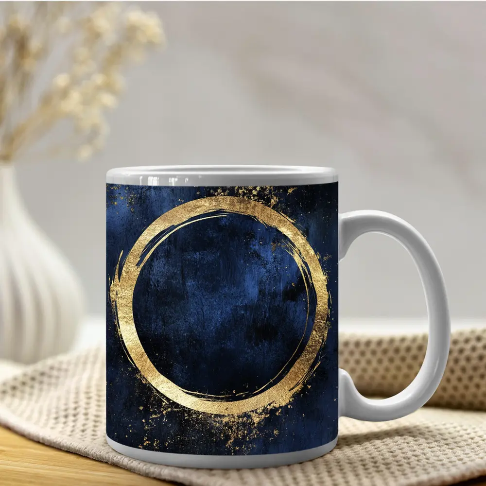 Gold Circle Brush Stroke Dark Blue Background – Mugs