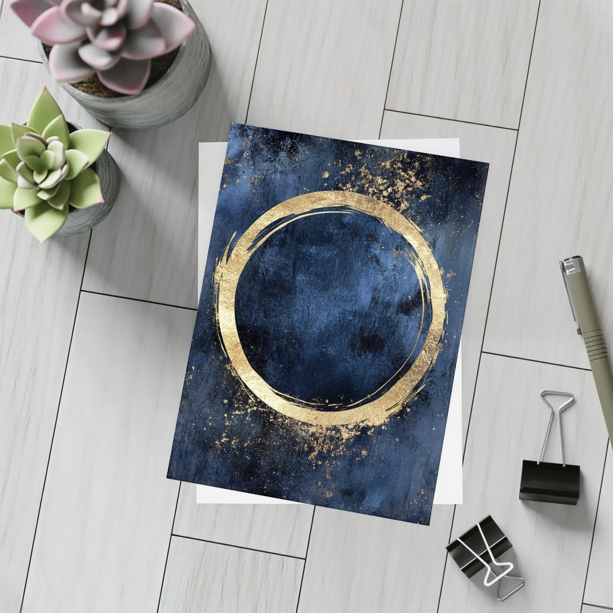 Gold Circle Brush Stroke Dark Blue Background – Postcards