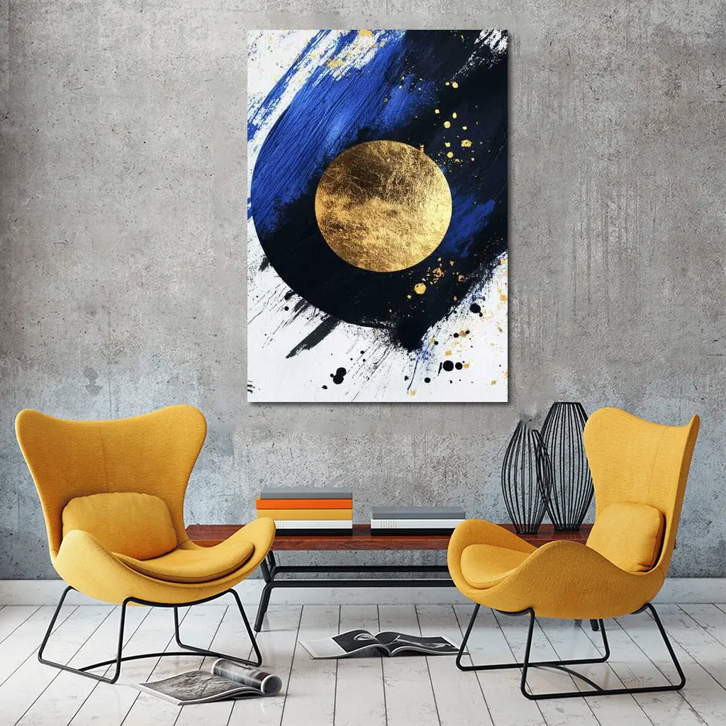 Gold Circle Bold Blue Brushstroke Abstract Art – Wall Art