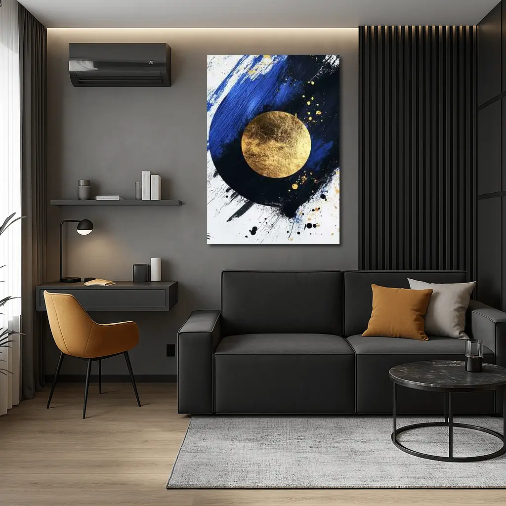 Gold Circle Bold Blue Brushstroke Abstract Art – Wall Art