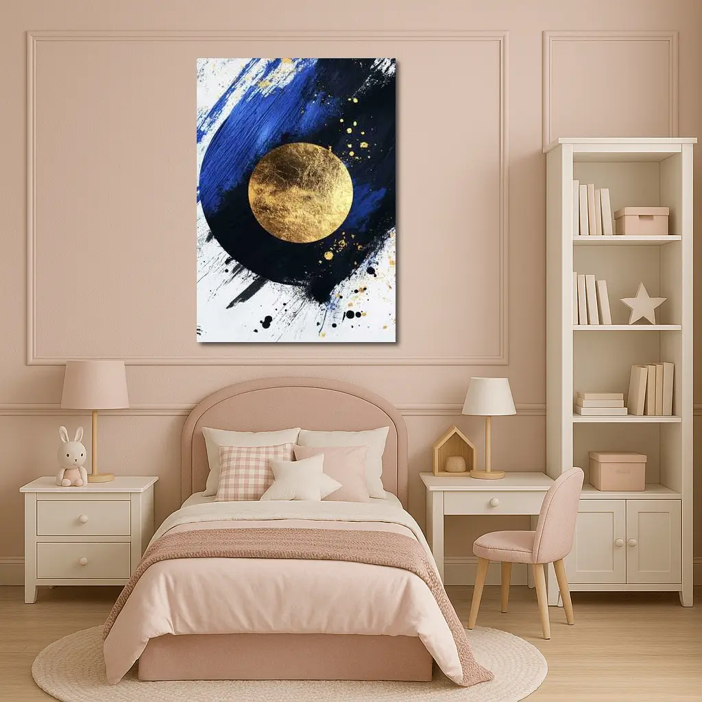 Gold Circle Bold Blue Brushstroke Abstract Art – Wall Art