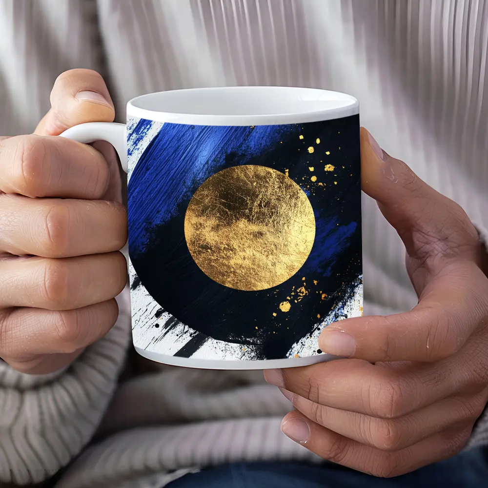 Gold Circle Bold Blue Brushstroke Abstract Art – Mugs