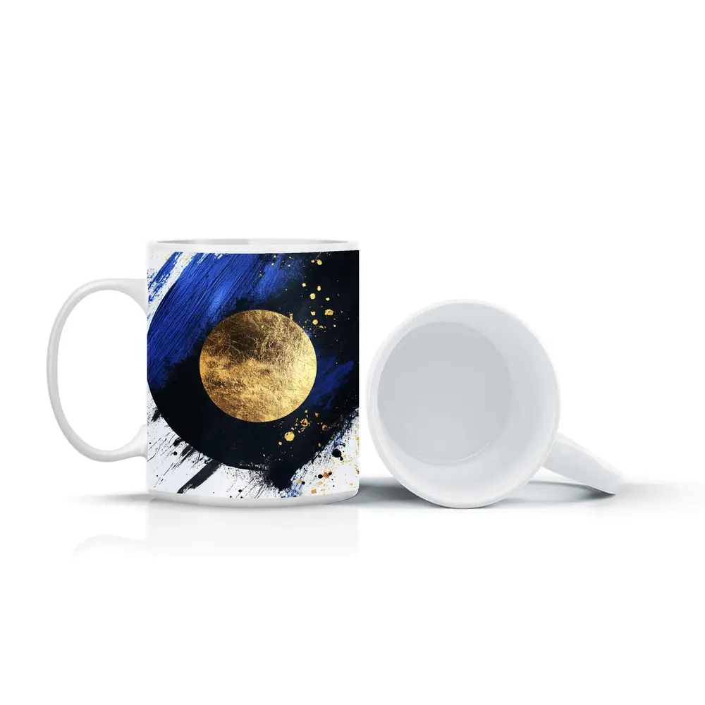 Gold Circle Bold Blue Brushstroke Abstract Art – Mugs