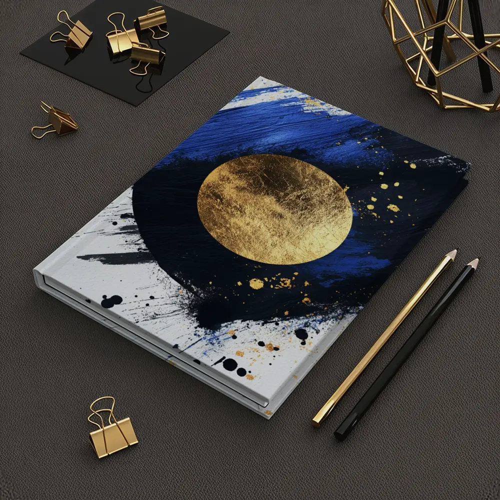 Gold Circle Bold Blue Brushstroke Abstract Art – Notebooks