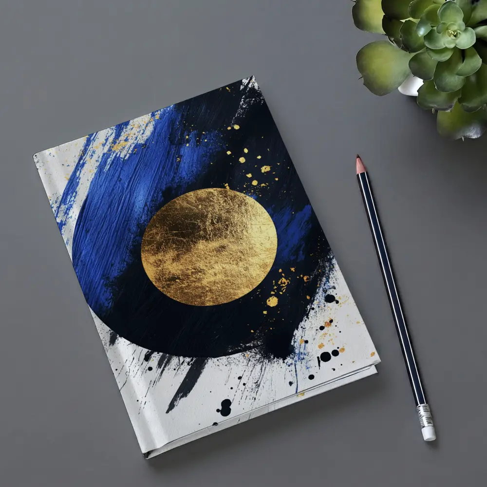 Gold Circle Bold Blue Brushstroke Abstract Art – Notebooks