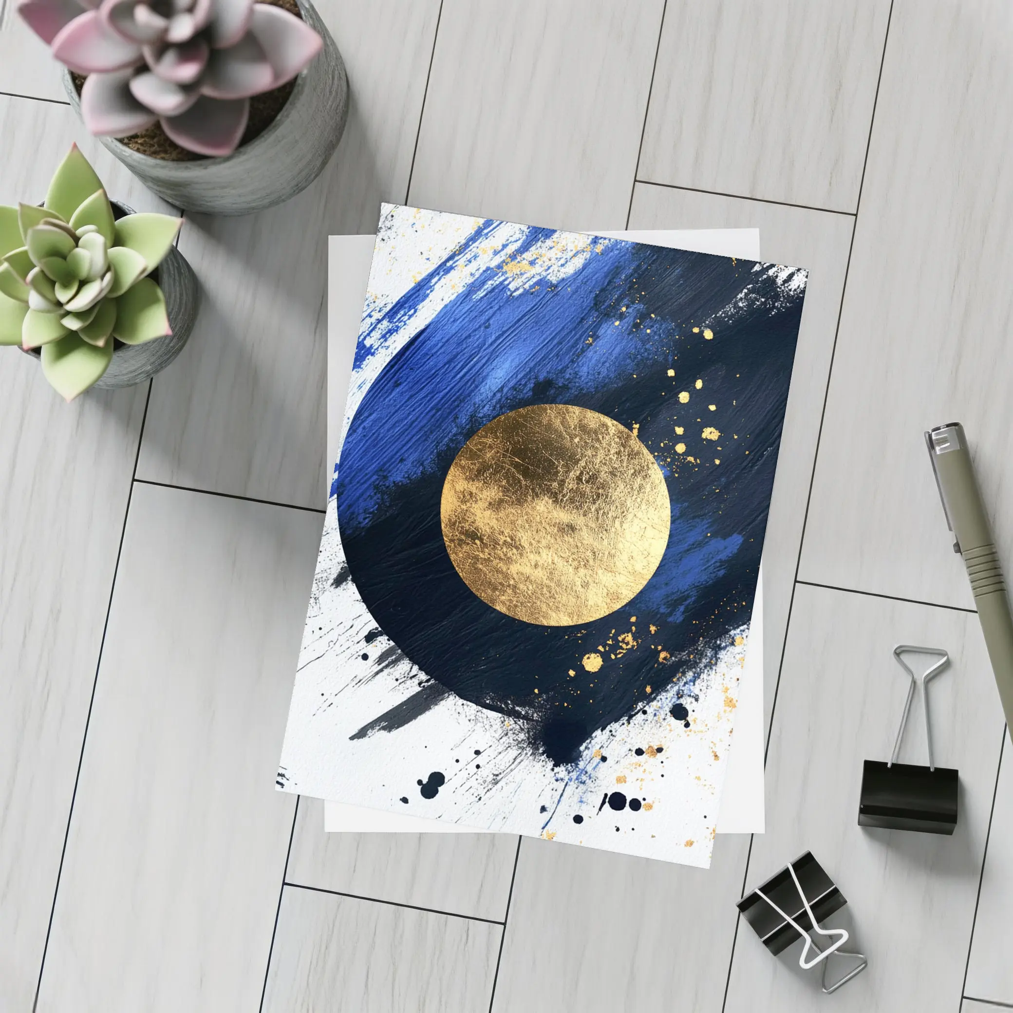 Gold Circle Bold Blue Brushstroke Abstract Art – Postcards