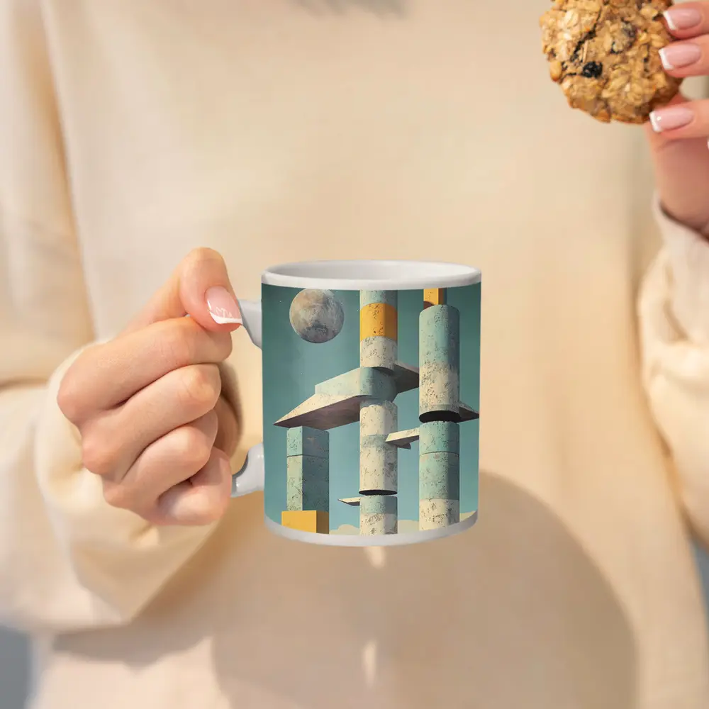 Brutalist Concrete Towers Moon Sky Art – Mugs