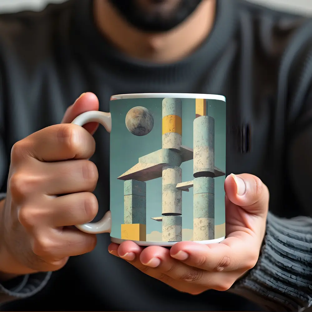 Brutalist Concrete Towers Moon Sky Art – Mugs