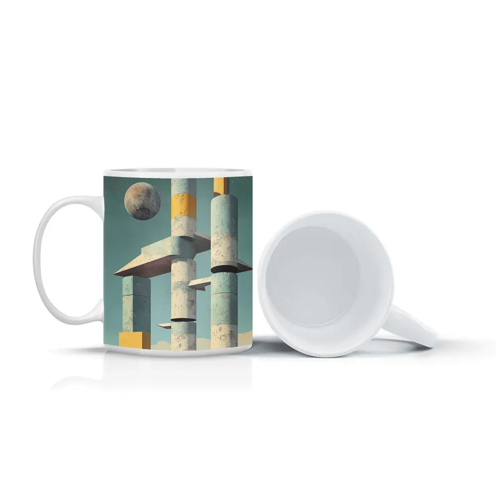Brutalist Concrete Towers Moon Sky Art – Mugs