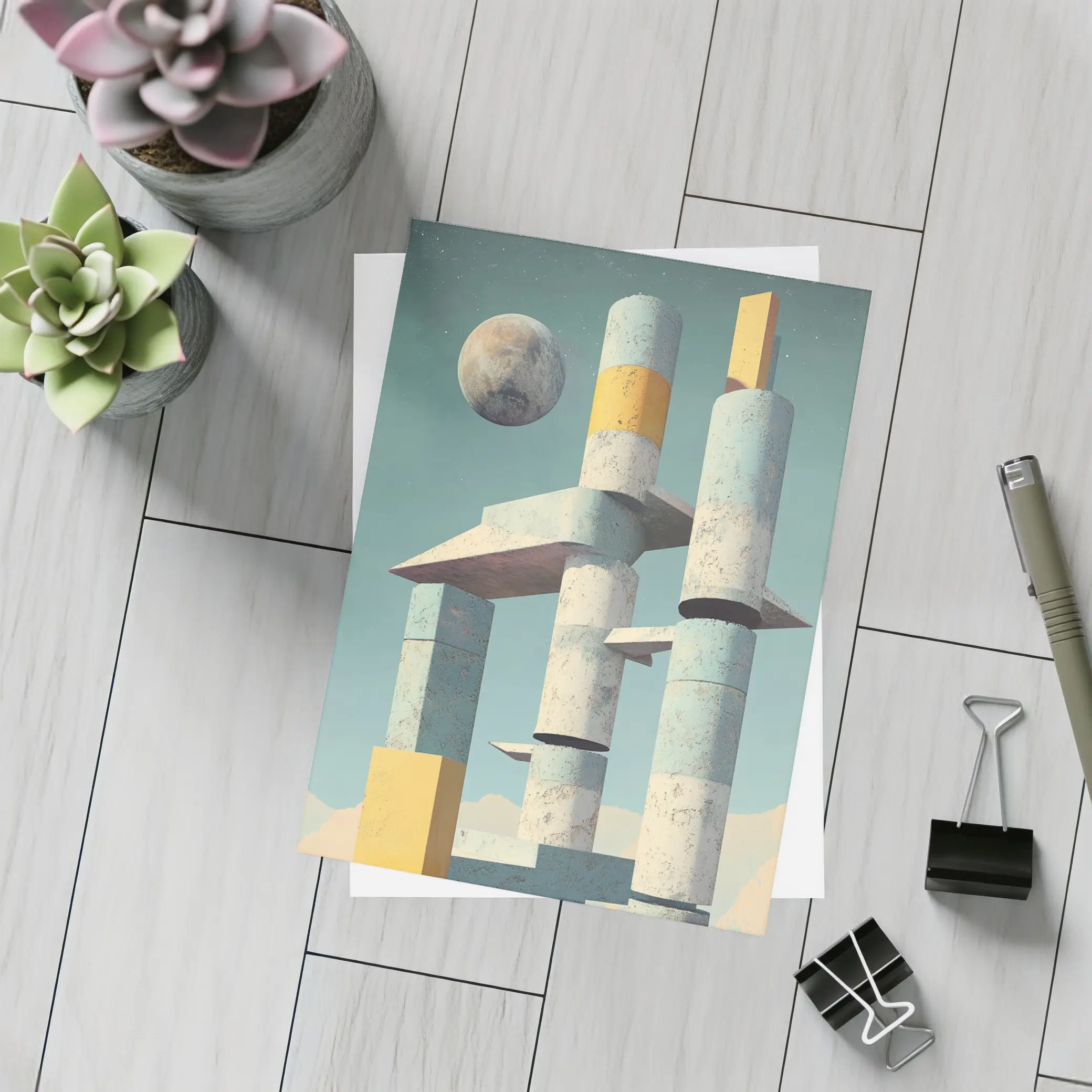 Brutalist Concrete Towers Moon Sky Art – Postcards