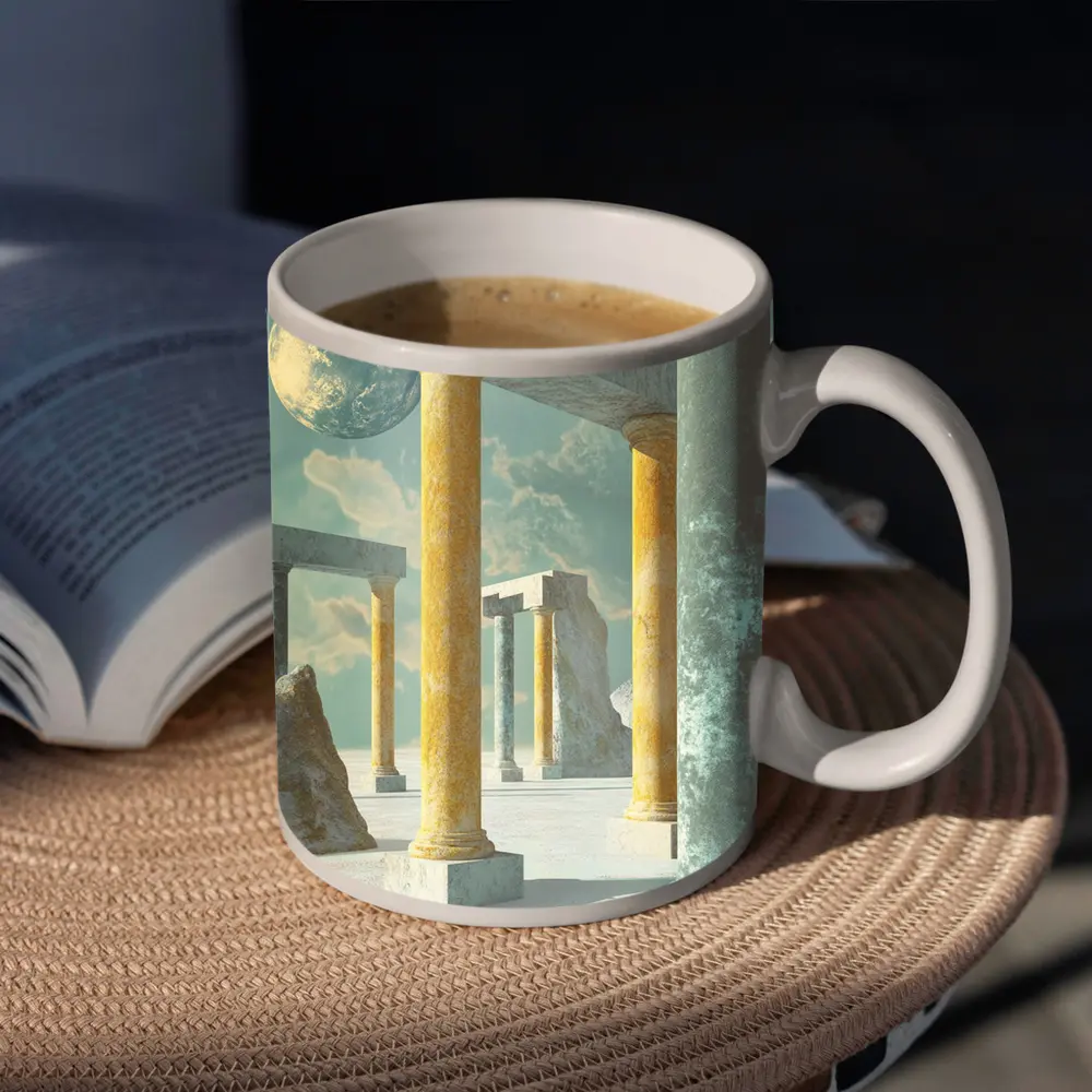 Surreal Ancient Columns Floating Planet Sky – Mugs