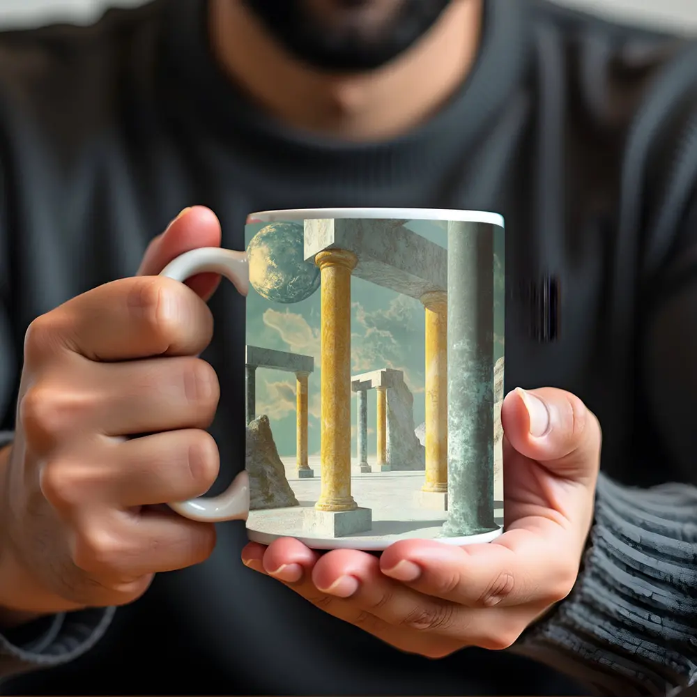 Surreal Ancient Columns Floating Planet Sky – Mugs
