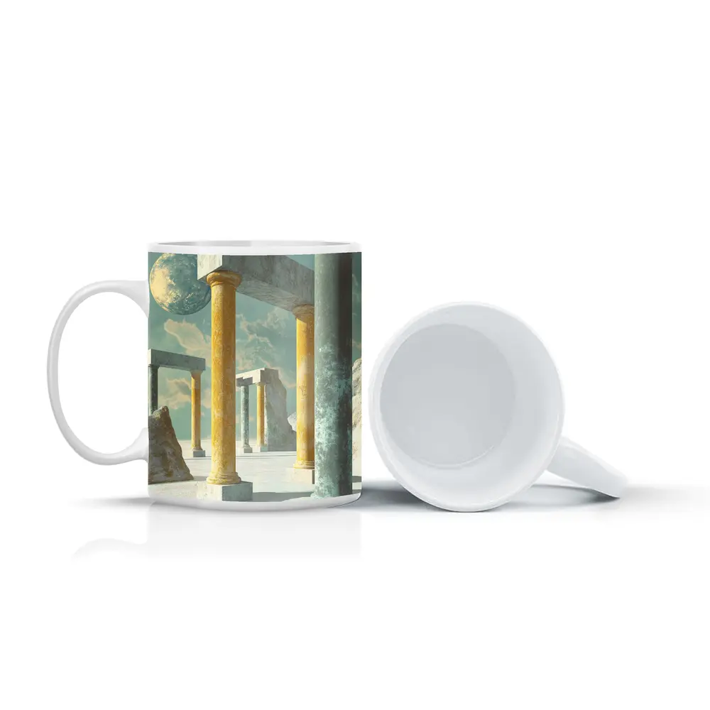 Surreal Ancient Columns Floating Planet Sky – Mugs