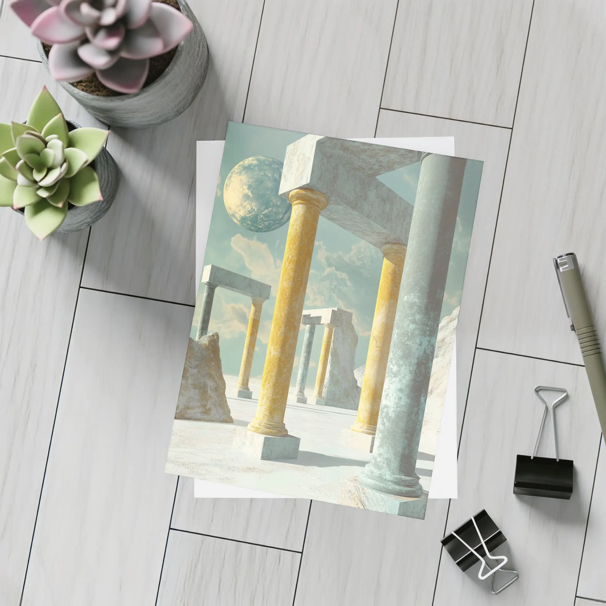Surreal Ancient Columns Floating Planet Sky – Postcards