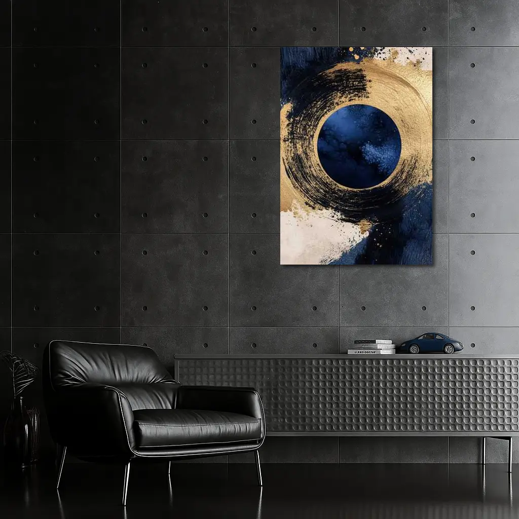 Gold Circle Brushstroke Abstract Dark Blue Art – Wall Art